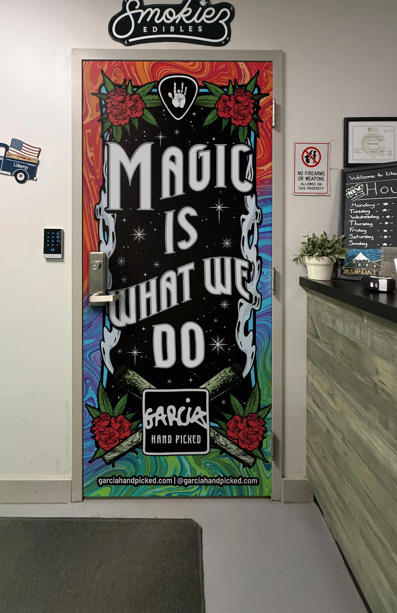 Magic Is What We Do graphic wrapped on a dispensary door