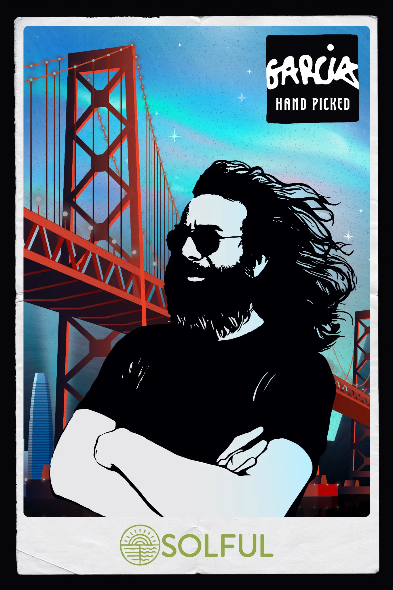 Garcia Hand Picked and Solful San Francisco key art featuring Jerry Garcia and the Golden Gate Bridge