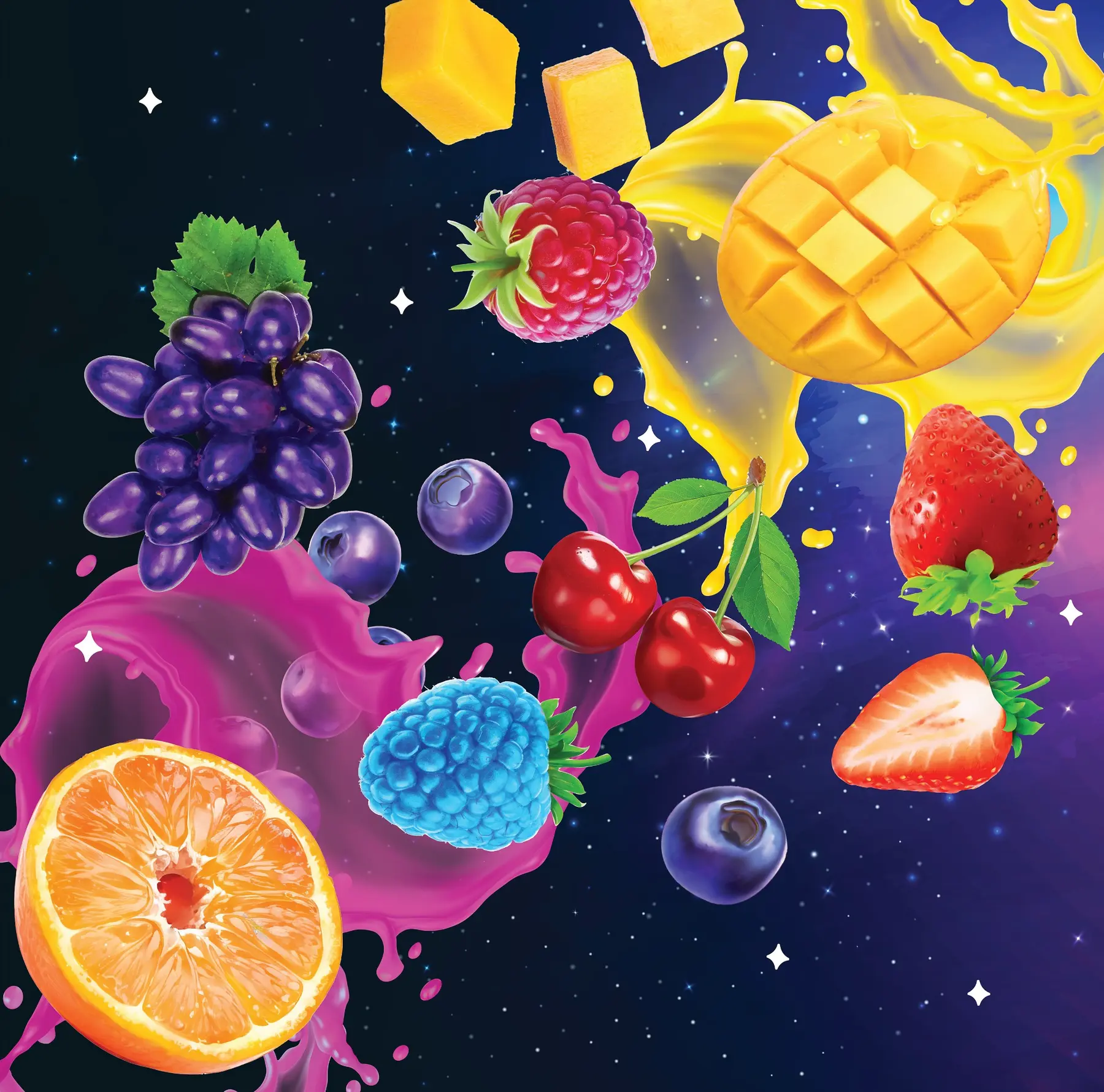 Current Hellavated galaxy, fruit, and glossy liquid artwork