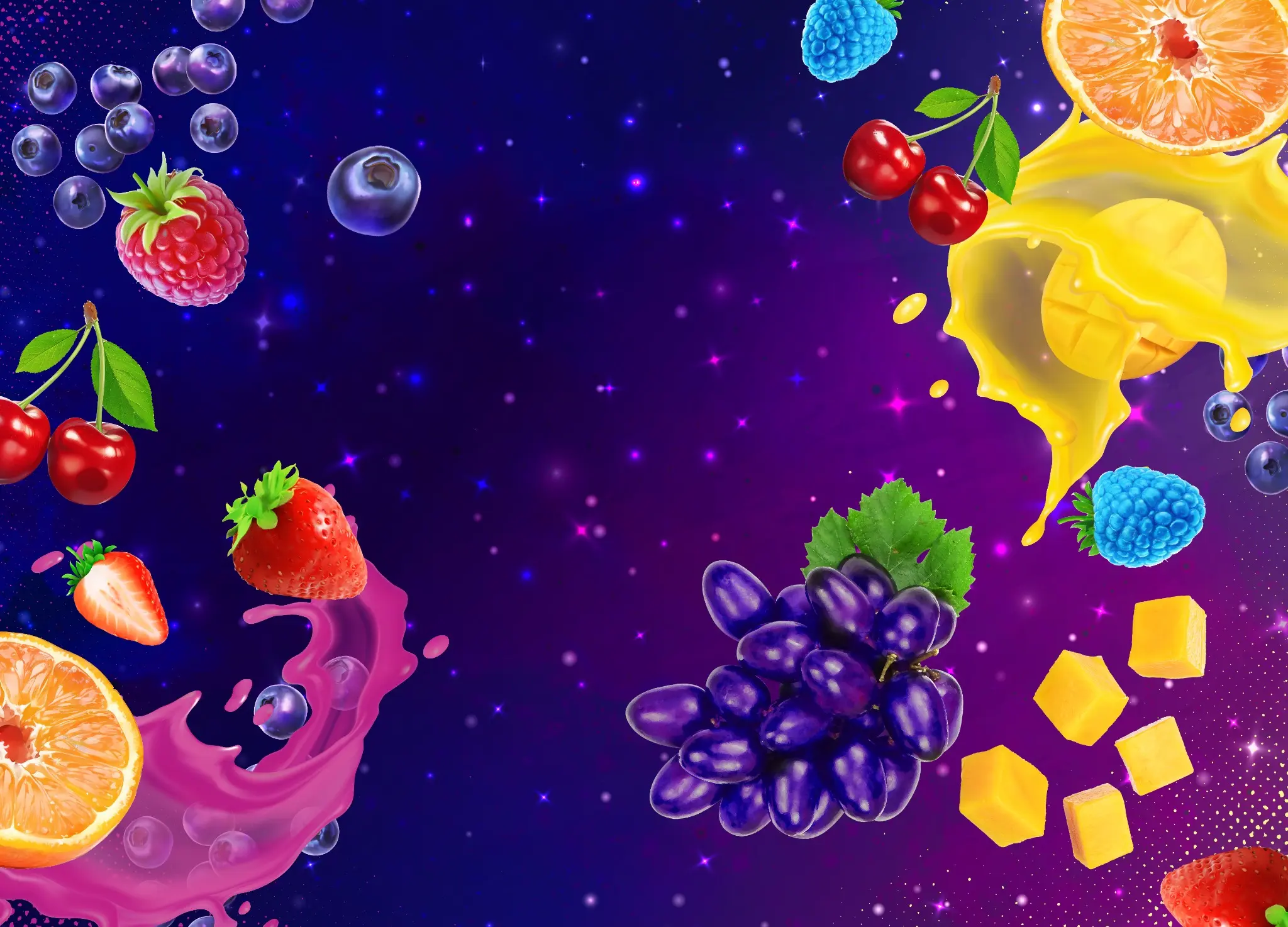Colorful fruit and liquid splashes suspended in a galaxy