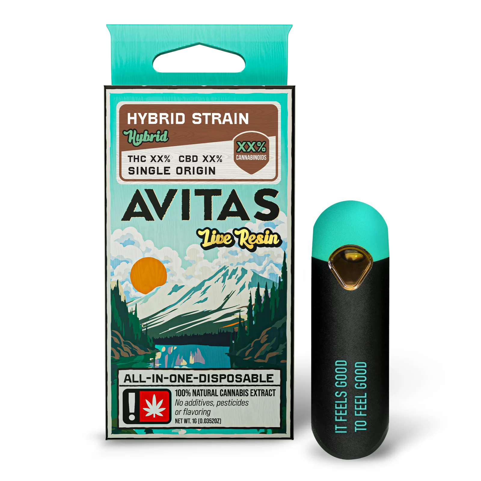 AVITAS Live Resin AIO front, hybrid strain