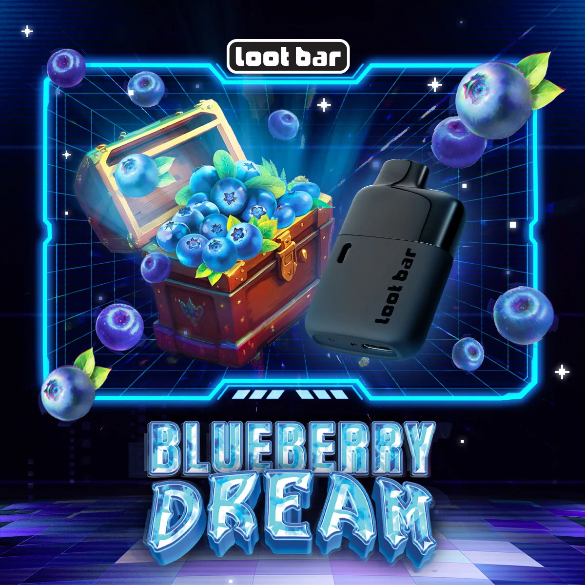 Lootbar Blueberry Dream key art: the cyan core-brand HUD frame, full bleed