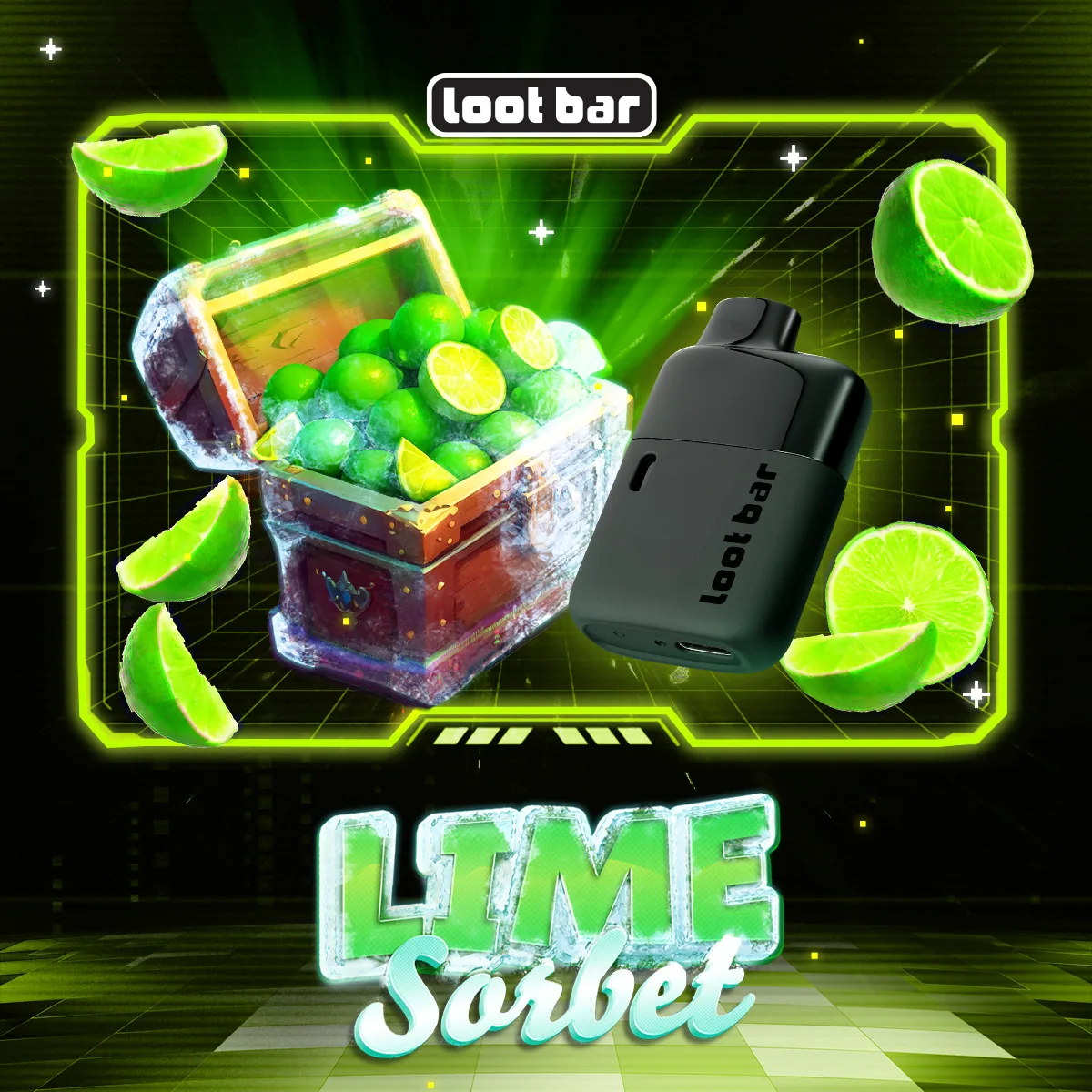 Lootbar Lime Sorbet key art: acid-green HUD frame and limes