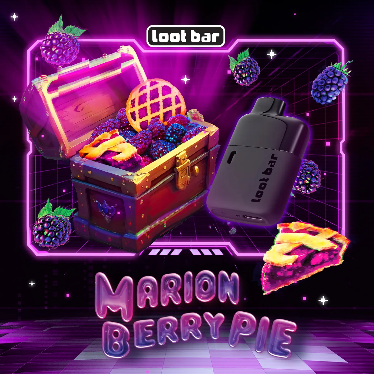 Lootbar Marion Berry Pie key art: magenta HUD frame, blackberry-filled chest, chrome lettering