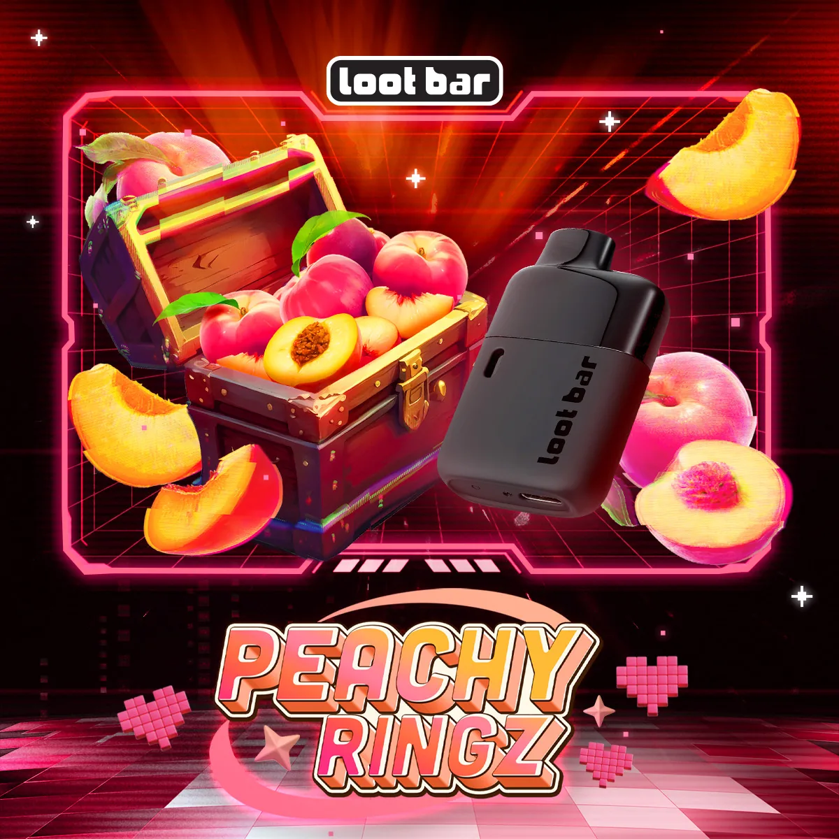 Lootbar Peachy Ringz key art: peaches, pixel hearts and Y2K chrome lettering