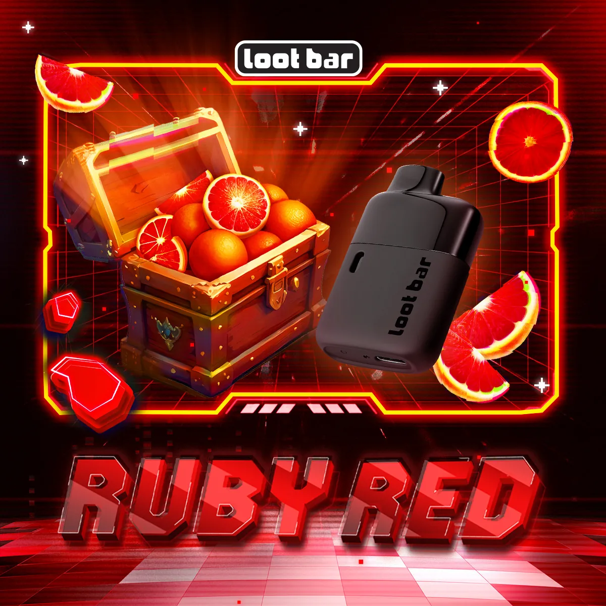 Lootbar Ruby Red key art: blood orange and grapefruit under a red HUD frame