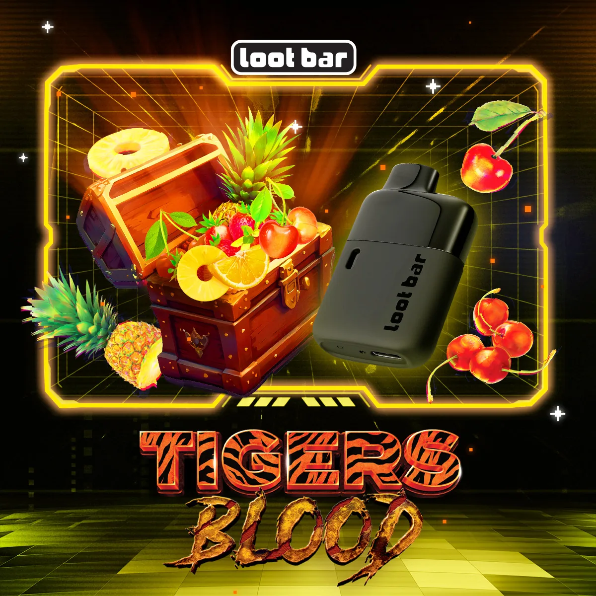 Lootbar Tiger Blood key art: pineapple, cherry and coconut with clawed lettering