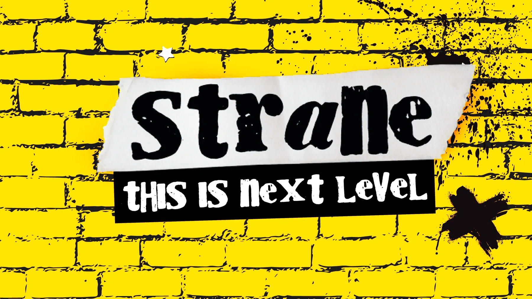 The rebranded Strane identity: yellow brick, ripped-paper wordmark, and expressive eyecons