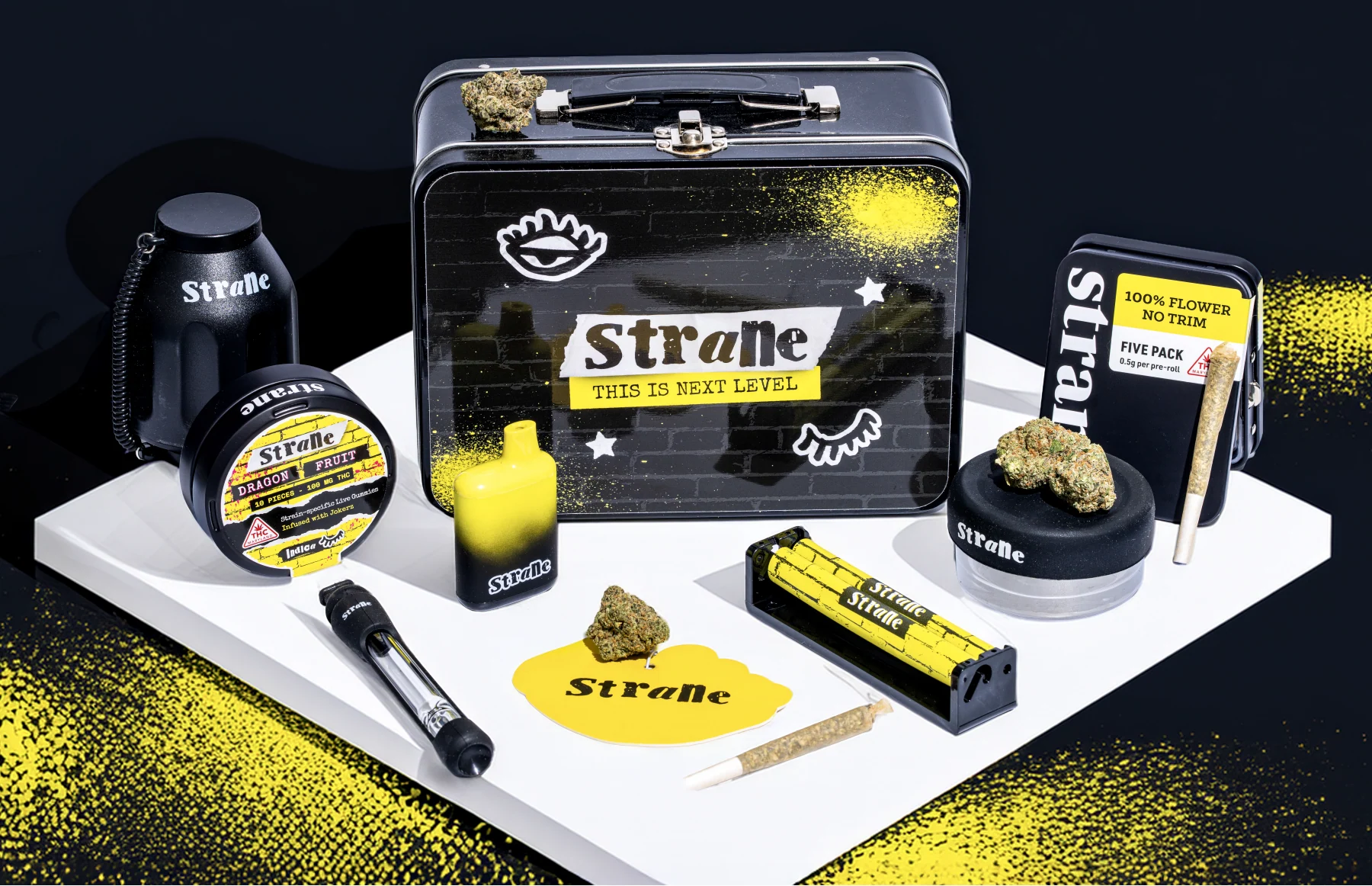 The complete Strane brand expression in packaging, devices and merchandise
