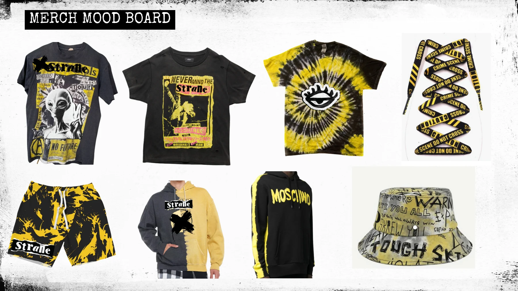 Merchandise concept mood board exploring graphic tees, tie-dye, accessories and streetwear references