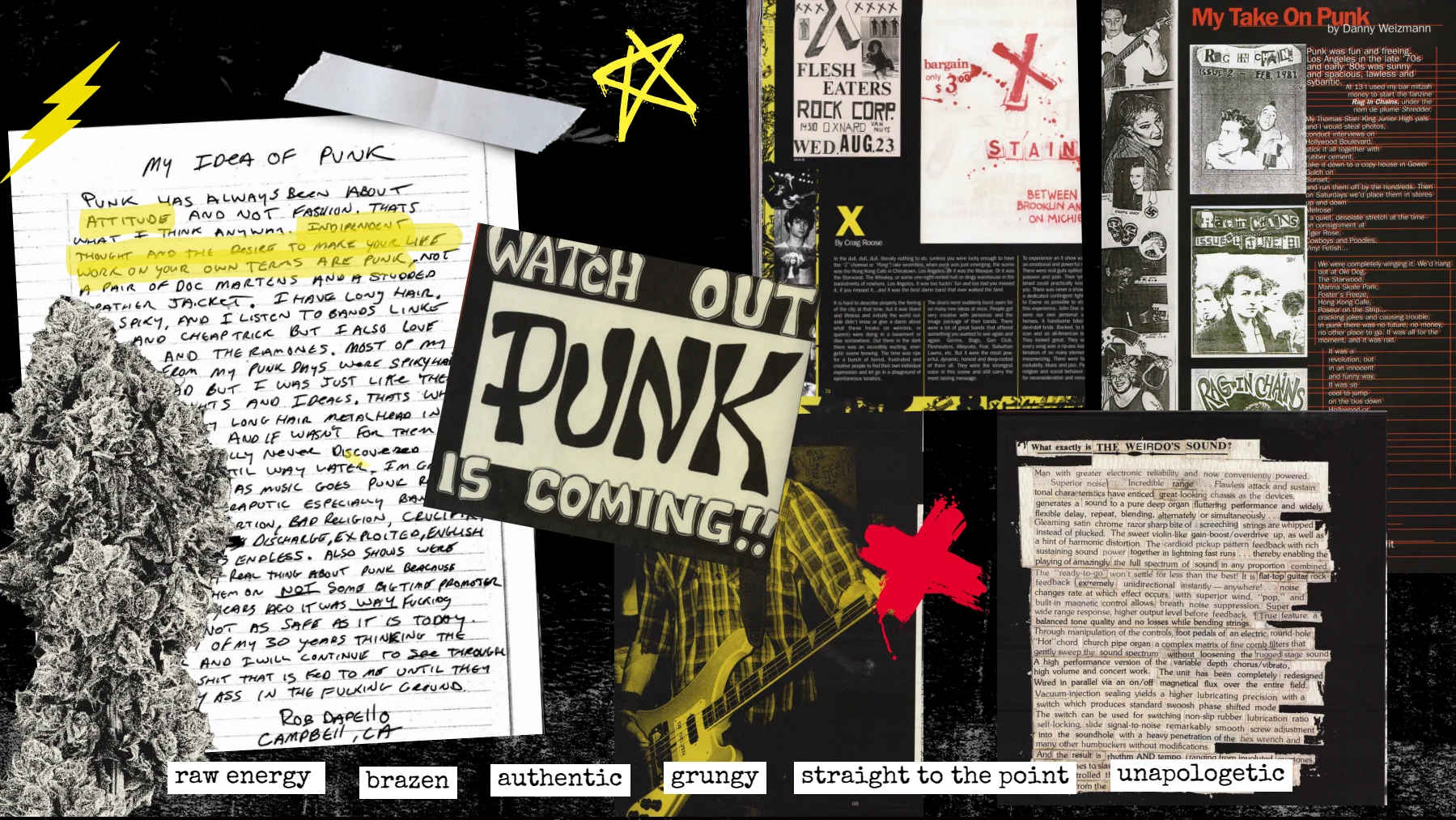 Punk research mood board with photocopied music ephemera and cut-and-paste typography