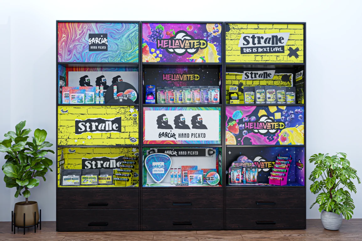 Branded cabinet with Strane, Garcia and Hellavated display graphics
