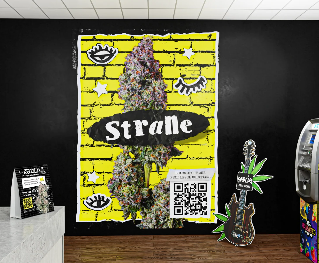 Large yellow-brick Strane wall display installed in a retail space