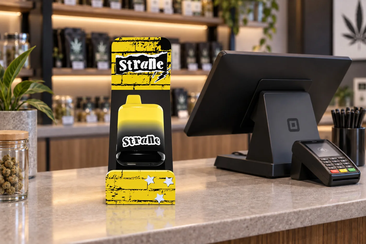 A Strane vape display stand with yellow brick graphics, in place on a dispensary counter beside the till